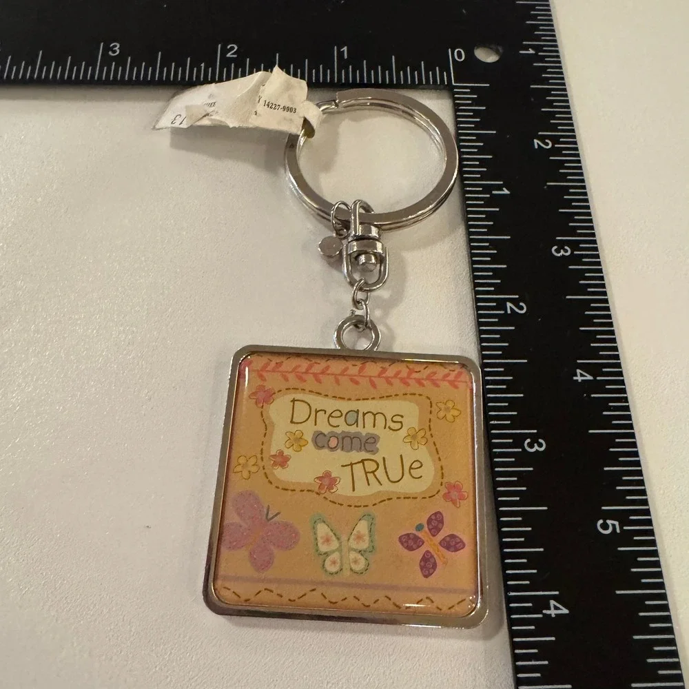 Dreams Come True Keychain Silver Tone Floral Butterfly Charm Pink Rhinestone‎